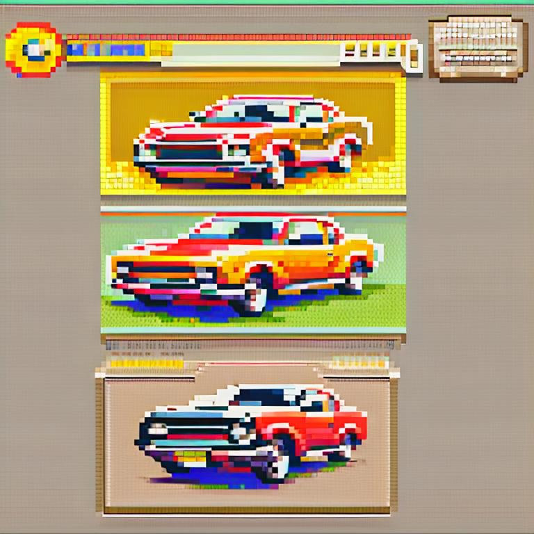 pixel art. A nostalgic design with retro graphics, such as classic cars. DucHaiten Retro Diffusion. Flux prompts