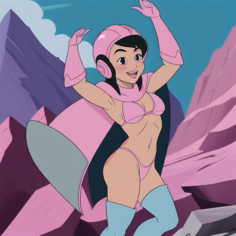 highquality, masterpiece, 1girl, Chi-Chi, :D, close up, smile, arms up, pink helmet, black hair, black eyes, blush, white teeth, bikini armor, aqua cape, pink gloves, pink boots, cave, rock, mountain. blue collar. Best free online image generators
